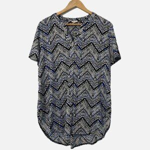 Cato Women's Large Stretchy Short Sleeve Blue Black Chevron Pullover Soft Blouse